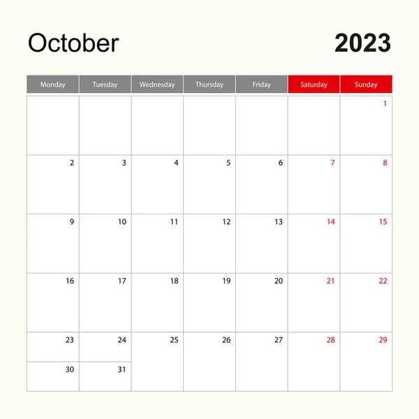 Wall Calendar Template October 2023 Holiday Event Planner Week Starts — Vector de stock