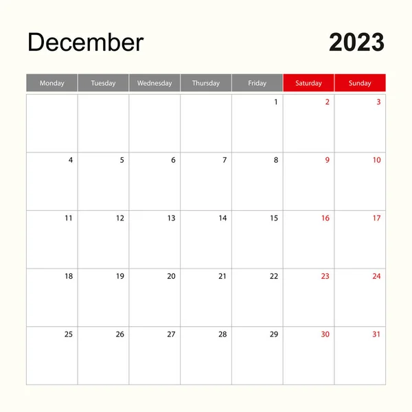 Шаблон Календаря Декабрь 2023 Года Праздник Планировщик Мероприятий Неделя Начинается — стоковый вектор