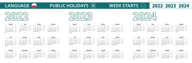 2022, 2023 ve 2024 yılları için Lehçe basit takvim şablonu. Hafta pazartesiden itibaren başlıyor.