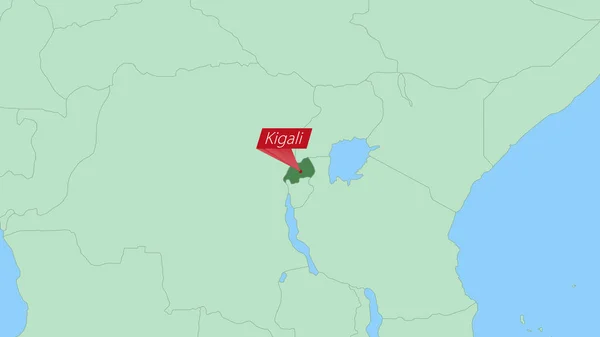 Kaart Van Rwanda Met Pin Van Hoofdstad Van Het Land — Stockvector