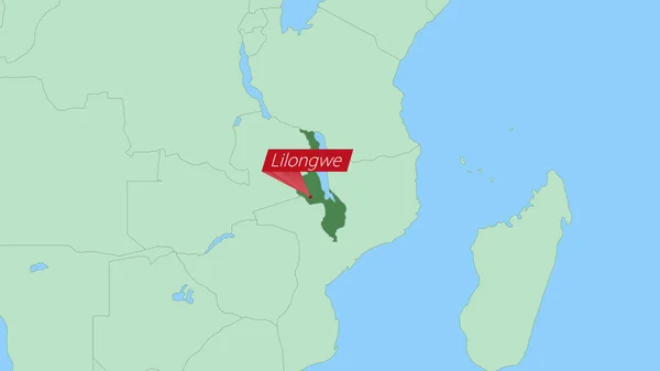 Mappa Del Malawi Con Pin Della Capitale Nazionale — Vettoriale Stock