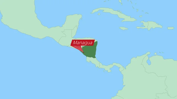 Kaart Van Nicaragua Met Pin Van Hoofdstad Van Het Land — Stockvector