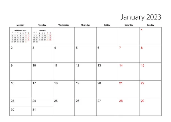 Leden 2023 Jednoduchý Kalendář Plánovač Týden Začíná Pondělí — Stockový vektor
