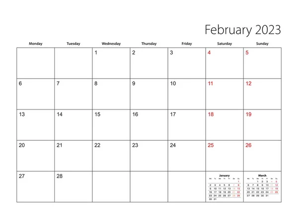 February 2023 Simple Calendar Planner Week Starts Monday — Archivo Imágenes Vectoriales