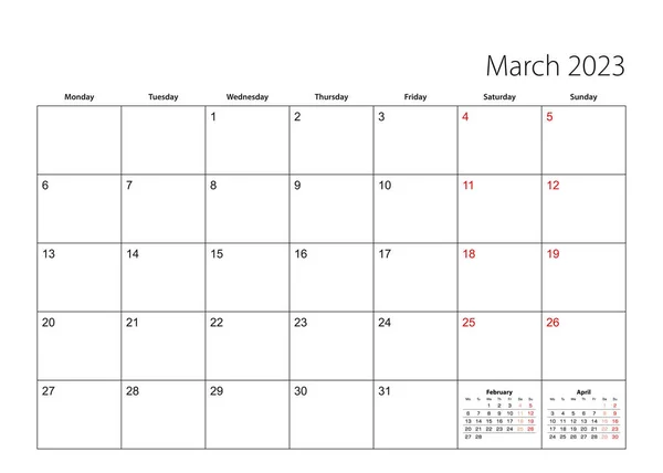 March 2023 Simple Calendar Planner Week Starts Monday — Archivo Imágenes Vectoriales