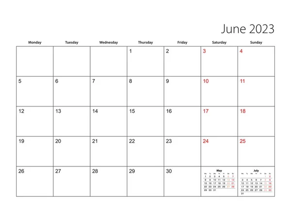 June 2023 Simple Calendar Planner Week Starts Monday — 图库矢量图片