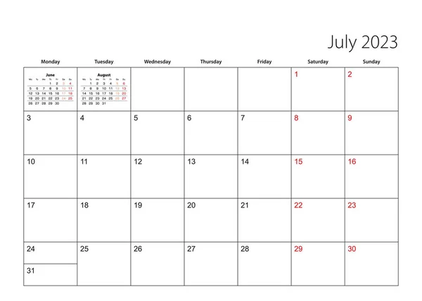July 2023 Simple Calendar Planner Week Starts Monday — 图库矢量图片