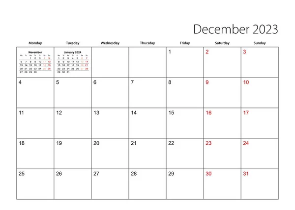 December 2023 Simple Calendar Planner Week Starts Monday —  Vetores de Stock