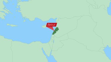 Map of Lebanon with pin of country capital.