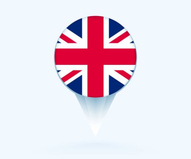 Map pointer with flag of United Kingdom.
