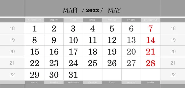 Calendar Quarterly Block 2023 Year May 2023 Wall Calendar English — Stockvektor