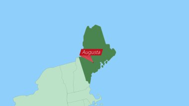Map of Maine with pin of country capital.