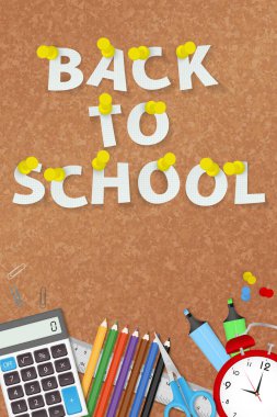 Back to school with school items and equipments on Bulletin Board. Vertical vector illustration. School background. 