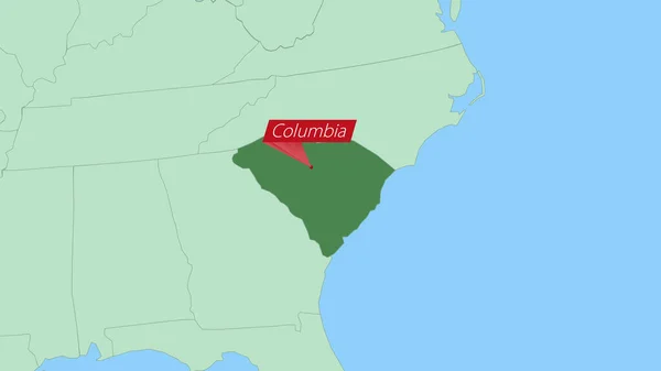 Χάρτης Της Νότιας Καρολίνας Pin Της Πρωτεύουσας Της Χώρας — Διανυσματικό Αρχείο