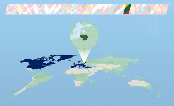 Lithuania Member North Atlantic Alliance Selected Perspective World Map Flags — Stockvector