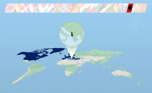 Albania Member North Atlantic Alliance Selected Perspective World Map Flags — Stockvektor