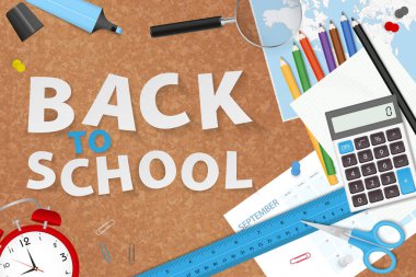 Back to School with school supplies placed on cork board. Back to school vector concept design.