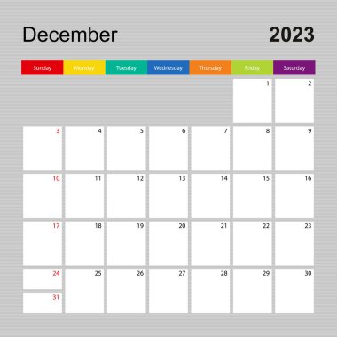 Calendar page for December 2023, wall planner with colorful design. Week starts on Sunday.