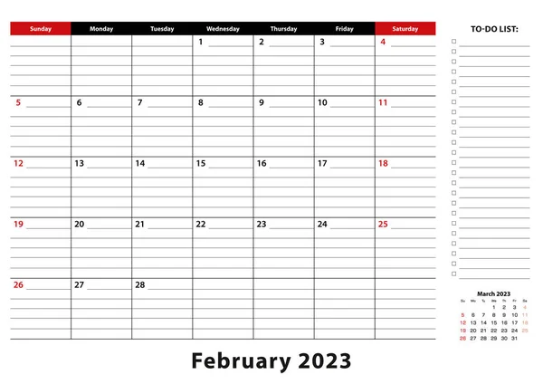 February 2023 Monthly Desk Pad Calendar Week Starts Sunday Size — Vector de stock