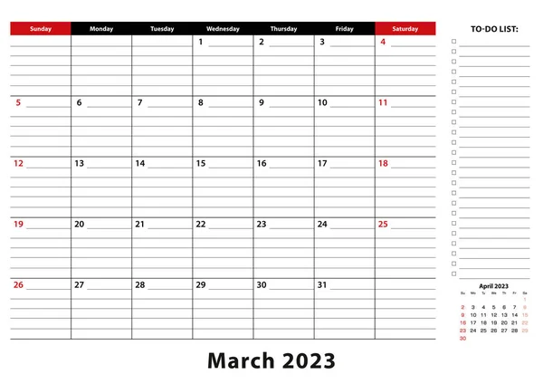March 2023 Monthly Desk Pad Calendar Week Starts Sunday Size — Vector de stock
