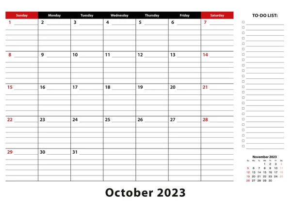 October 2023 Monthly Desk Pad Calendar Week Starts Sunday Size — 스톡 벡터