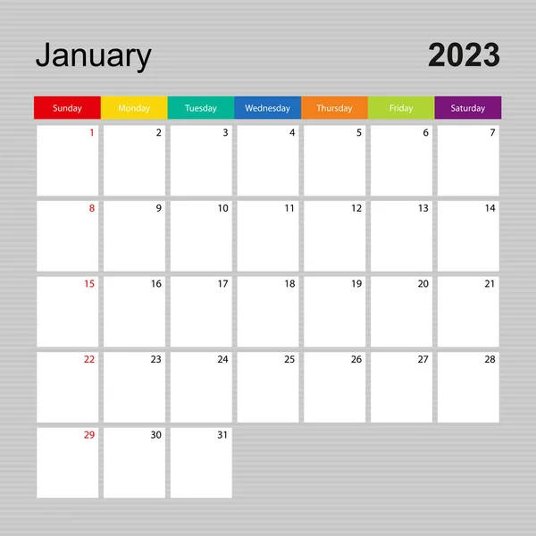 Calendar Page January 2023 Wall Planner Colorful Design Week Starts — 스톡 벡터