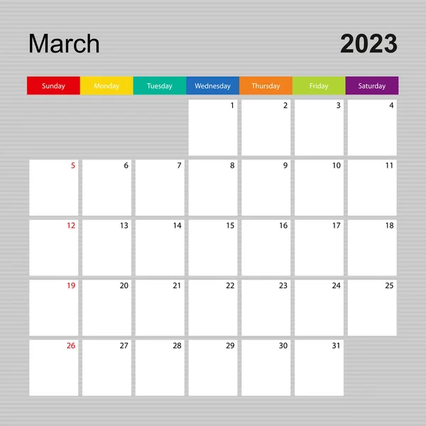 Calendar Page March 2023 Wall Planner Colorful Design Week Starts — Vector de stock