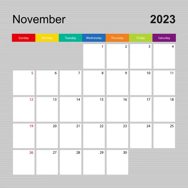 Calendar Page November 2023 Wall Planner Colorful Design Week Starts — Stok Vektör