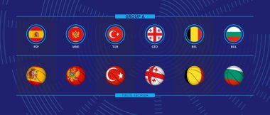 Icon and basketball ball with flags of participants of Group A, European Basketball Competition. Flag collection.