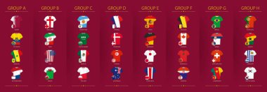 Football jerseys and football ball with flag of football 2022 competition participants sorted by group. Soccer shirts collection.