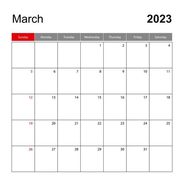 Wall Calendar Template March 2023 Holiday Event Planner Week Starts — Vetor de Stock