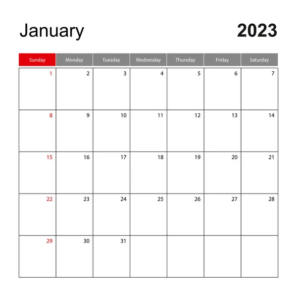 Шаблон Календаря Январь 2023 Года Праздник Планировщик Мероприятий Неделя Начинается — стоковый вектор