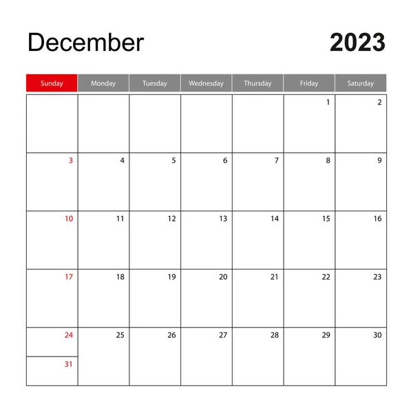 Wall Calendar Template December 2023 Holiday Event Planner Week Starts — Stock Vector