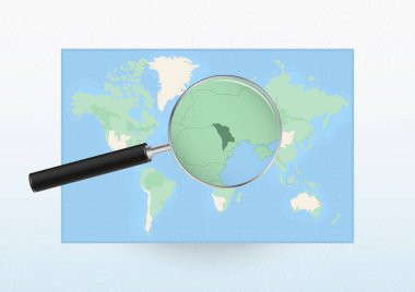 Map of the World with a magnifying glass aimed at Moldova, searching Moldova with loupe.