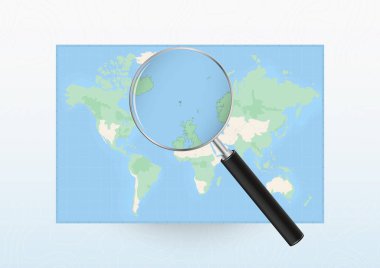 Map of the World with a magnifying glass aimed at Faroe Islands, searching Faroe Islands with loupe.