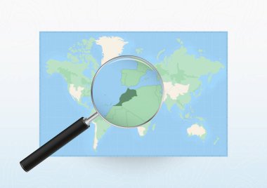 Map of the World with a magnifying glass aimed at Morocco, searching Morocco with loupe.