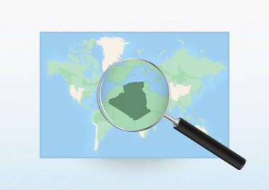 Map of the World with a magnifying glass aimed at Algeria, searching Algeria with loupe.