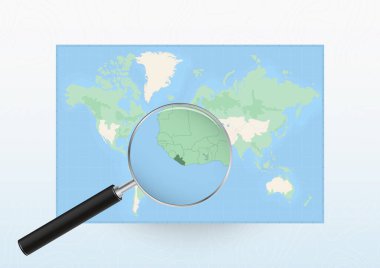 Map of the World with a magnifying glass aimed at Liberia, searching Liberia with loupe.