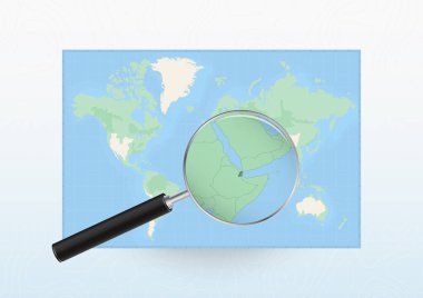 Map of the World with a magnifying glass aimed at Djibouti, searching Djibouti with loupe.
