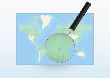 Map of the World with a magnifying glass aimed at Burundi, searching Burundi with loupe.