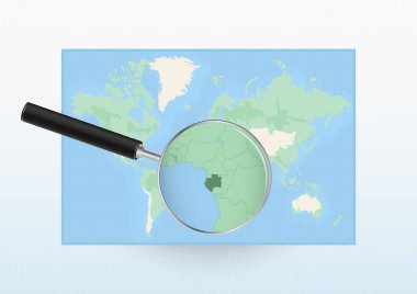 Map of the World with a magnifying glass aimed at Gabon, searching Gabon with loupe.