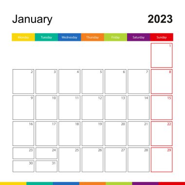January 2023 colorful wall calendar, week starts on Monday.
