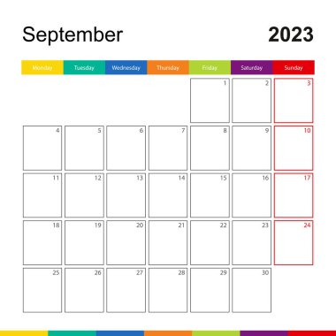 September 2023 colorful wall calendar, week starts on Monday.