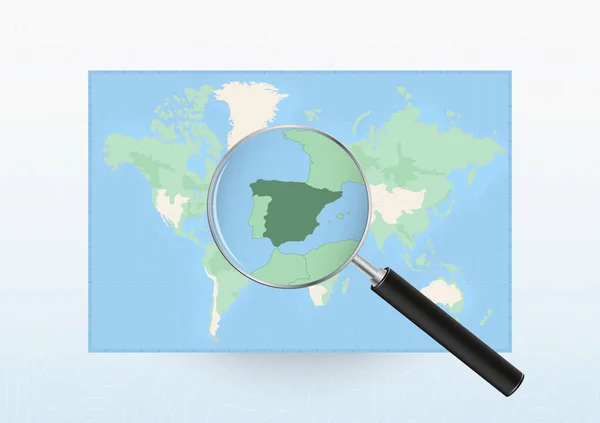 Map World Magnifying Glass Aimed Spain Searching Spain Loupe — Vetor de Stock