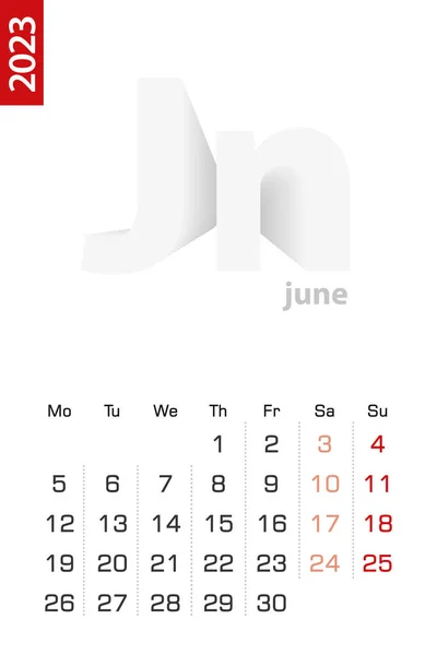Minimalist Calendar Template June 2023 Vector Calendar English — Wektor stockowy