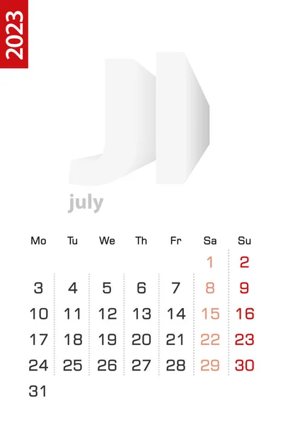 Minimalist Calendar Template July 2023 Vector Calendar English — Archivo Imágenes Vectoriales