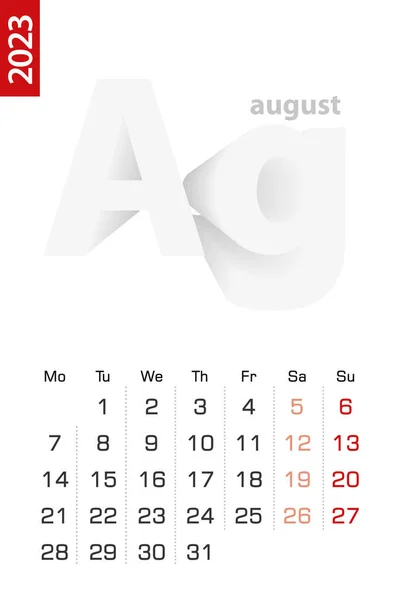 Minimalist Calendar Template August 2023 Vector Calendar English — Archivo Imágenes Vectoriales