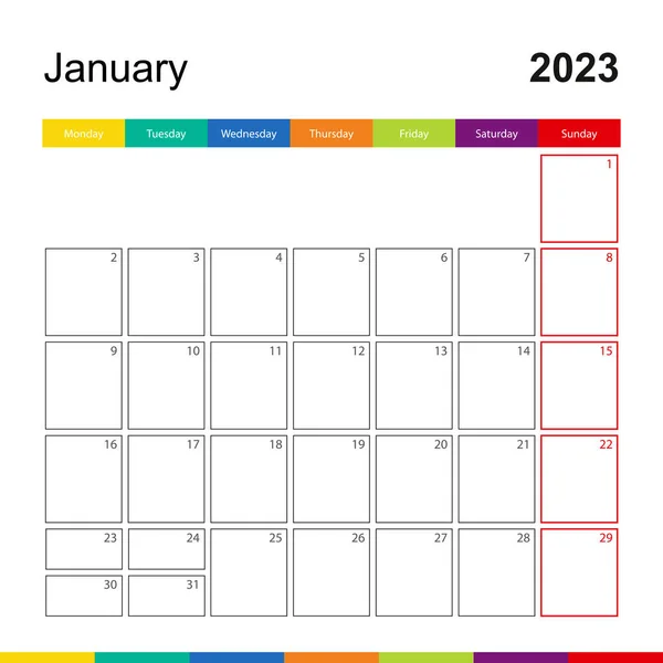 January 2023 Colorful Wall Calendar Week Starts Monday — Vetor de Stock