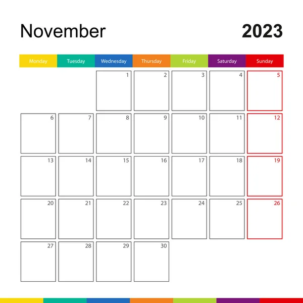 November 2023 Colorful Wall Calendar Week Starts Monday — Stok Vektör