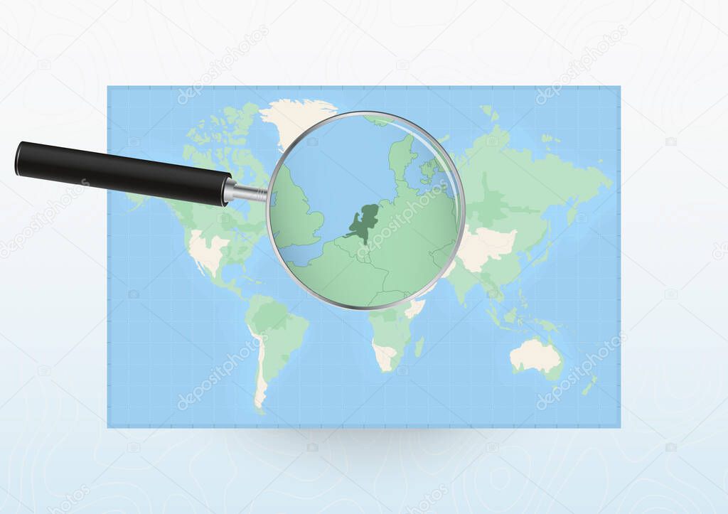Map of the World with a magnifying glass aimed at Netherlands, searching Netherlands with loupe.